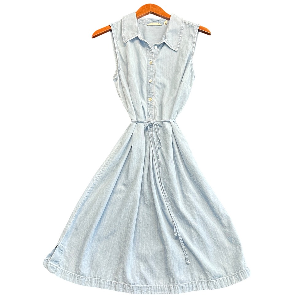 Soft Surroundings Blue Chambray Sleeveless Shirt Dress Tie Waist Midi 2FE62 M